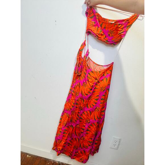 FARM RIO Orange Pink One Shoulder Ruched Waist Tie Copacabana A-Line Dress S - Picture 6 of 16